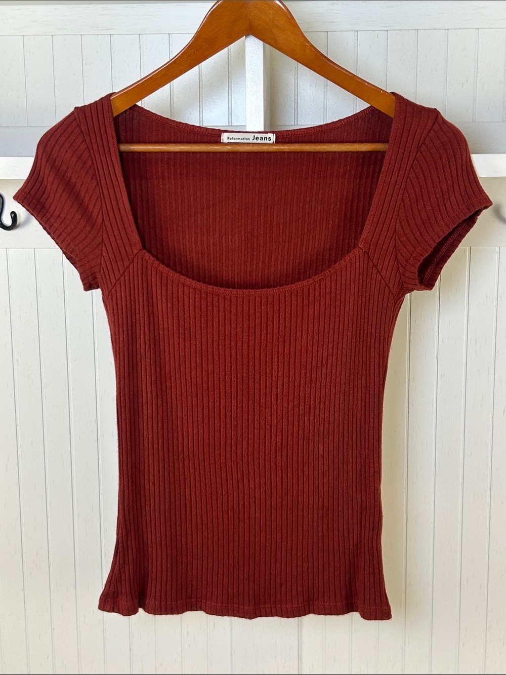 Reformation Bardot Rust Ribbed Square Neck Top M